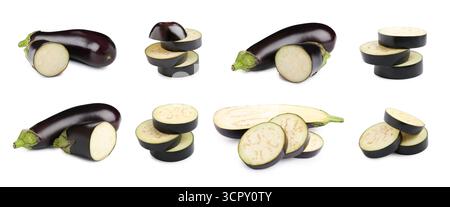 Fresh eggplants isolated on white, set. Whole and sliced Stock Photo