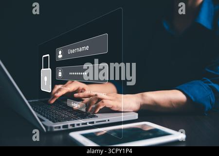 User accesses secure internet system through advanced high technology, username, password, ensuring encryption, strong cybersecurity for information s Stock Photo