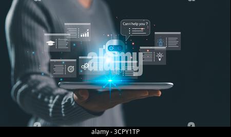 Futuristic AI assistant chatbot with digital interface floating above tablet, symbolizing innovation, technology, smart solutions, education, business Stock Photo