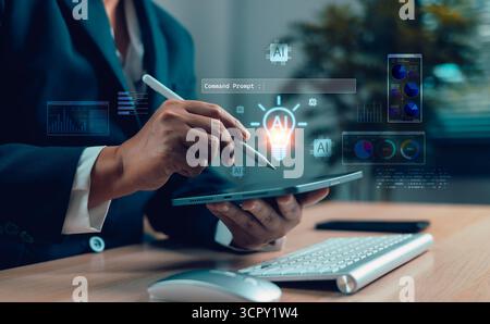 Business professional using digital tablet with AI light bulb idea icon and data dashboards, symbolizing artificial intelligence, analytics, innovatio Stock Photo