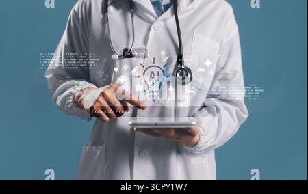 Doctor using digital tablet with glowing AI idea light bulb and medical data interface, symbolizing artificial intelligence in healthcare, innovation, Stock Photo
