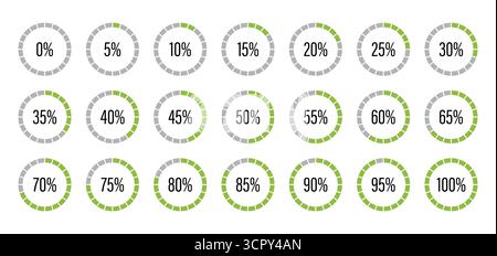 Green and gray color fill pie charts indicator template. Circle graph loading progress set. Percentage infographics elements. Round diagrams icons for Stock Vector
