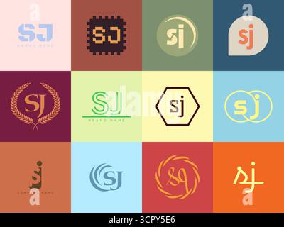 SJ logo company template. Letter s and j logotype. Set different classic serif lettering and modern bold text with design elements. Initial font typog Stock Vector