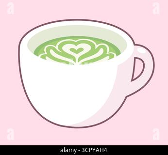 Cup of matcha latte on pastel pink background. Cute cartoon cafe drawing. Isolated vector illustration. Stock Vector