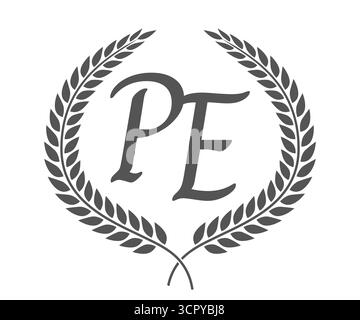 Initial letter P and E, PE monogram logo design with laurel wreath. Luxury emblem with calligraphy font. Stock Vector