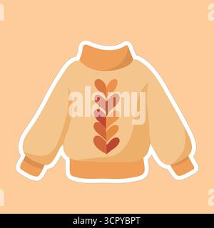 Beige sweater with orange leaf pattern, white outline, peach background. Great for fall fashion visuals, seasonal stickers, and cozy autumn-themed des Stock Vector