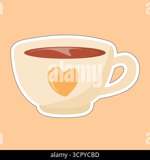 Beige coffee cup with yellow heart, filled with brown liquid. Set on orange background. Perfect for cozy fall visuals, seasonal food icons, and warm b Stock Vector