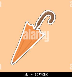 Stylized closed umbrella with orange canopy and brown handle, white outline. Ideal for rainy day visuals, fall weather icons, seasonal decor, and educ Stock Vector