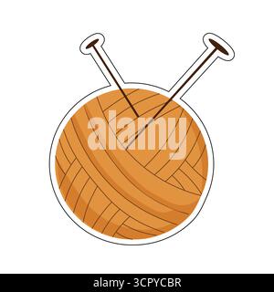 Circular brown yarn ball with crossed knitting needles, perfect for autumn crafting themes. Great for DIY, handmade goods, or seasonal hobby illustrat Stock Vector