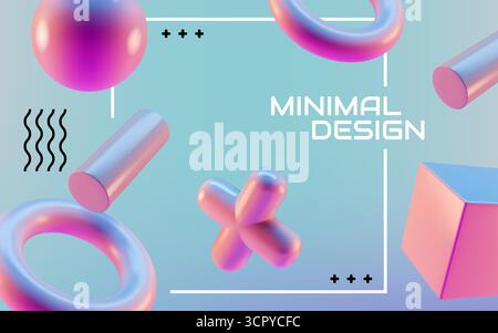 3D elements. Abstract neon shapes. Cube render or gradient geometric figure as geometry metal square and ball. Glossy sphere and cylinder. Iridescent foil form. Frame blank banner. Vector background Stock Vector