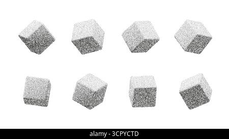 Abstract cubes with photocopy grain texture. Vintage halftone stipple effect in 3D geometric shapes. Minimal black and white vector design for poster Stock Vector