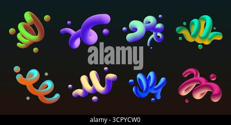 3d gradient lines. Abstract liquid shape. Color fluid swirl element or twisted motion splash for graphic poster. Trendy bright blend flow. Rainbow twi Stock Vector
