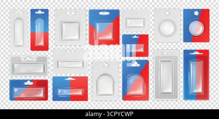 Blister mockup. Plastic box pack. Square hang case or white clamshell. 3D cardboard empty container for product. Individual holder with transparent display. Clear insert package. Vector objects set Stock Vector