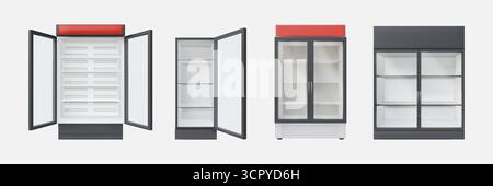 Fridge mockup. Restaurant freezer. 3D commercial equipment or glass supermarket door. Handle drinks cooler front view. Open and close freezing rack. Empty shelf. Vector isolated interior objects set Stock Vector