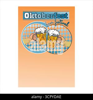 Germany-Oktoberfest beer festival celebration banner showing two hands toasting with full steins. Stock Vector