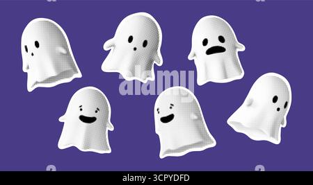 Cute halftone ghosts set. Cartoon spooky characters with different emotions for Halloween, poster, sticker, social media and comic design. Isolated Stock Vector