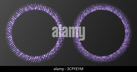 Purple halftone frames, glowing circle borders, round pattern with dots, radial disco luxury design element. Stock Vector