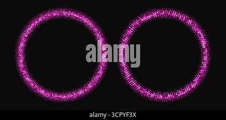 Pink halftone frames, glowing circle borders, round pattern with dots, radial disco luxury design element. Stock Vector