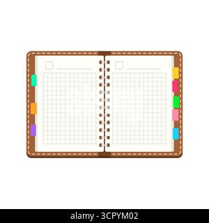 Opened spiral notepad with empty pages, sticky tabs and brown cover. Vector illustration isolated on white background Stock Vector