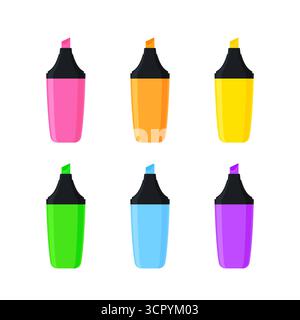 Colorful highlighter marker pens set. Vector illustration isolated on white background Stock Vector