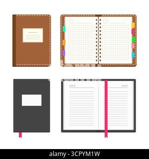 Set of open and closed notebook with empty ruled pages. Vector illustration isolated on white background Stock Vector