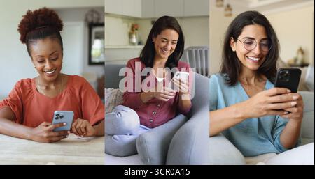 Women engaged with their smartphones on pastime at home Stock Photo