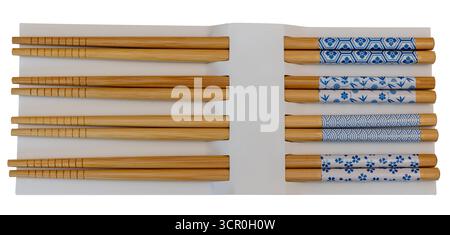 Traditional Japanese Wooden Chopsticks Set with Blue and White Decorative Patterns on white Background Stock Photo