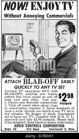 1954 Blab-Off Remote Control ad, Audio Controls Corporation, Cincinnati, Ohio, "Enjoy TV without annoying commercials" Stock Photo