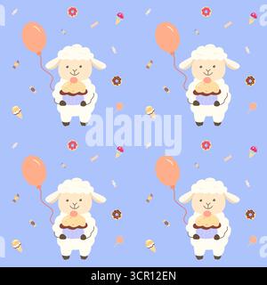 Seamless vector pattern with a lamb holding cupcake, balloons, donuts, ice cream and candies on blue background, perfect for kids and festive design. Stock Vector