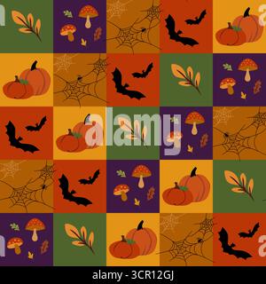 Halloween vector seamless checkered pattern with pumpkins, bats, spider webs, mushrooms and autumn leaves in orange, green and purple colors. Stock Vector