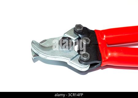 Manual heavy duty steel bolt cutter for cutting thick metal cables isolated on a white background, close up Stock Photo