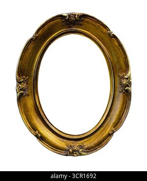 Oval golden vintage frame for mirror, paintings or photos isolated on white background. Stock Photo