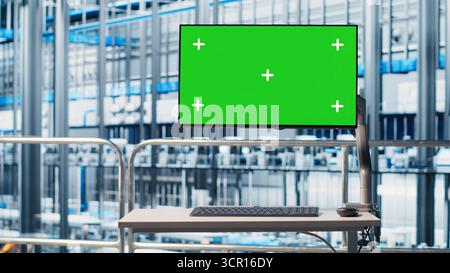 Green screen monitor displaying analytics dashboard for Industry 4.0 smart factory equipment. Industrial plant mockup display visualizing robotic arms performance and metrics from sensor data Stock Photo