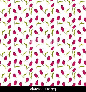 Red tulips in cartoon style. Cute spring flowers. Seamless pattern. Vector illustration. Stock Vector