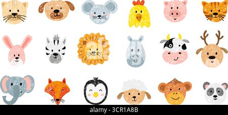 Cartoon crayon animal faces. Colored pencil hand drawn lion cat hippo pig bunny sheep penguin. Kids style animal avatars, chalk drawing neoteric vecto Stock Vector
