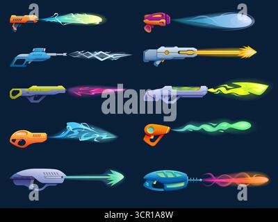 Cartoon futuristic guns. Different weapons, kids plastic toys for war games. Blasters with bright shooting effects, military elements, sapid vector se Stock Vector