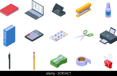 Isometric office equipment. Various stationery for writing, paper cutting, calculator, sharpener, glue tape, paper folder. Work tools nifty vector ico Stock Vector