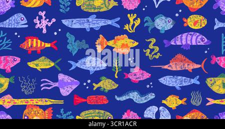 Crayon drawing fish seamless pattern. Color chalk draw style, pencil hand drawn exotic fish. Bright underwater print for wallpaper, neoteric vector ba Stock Vector