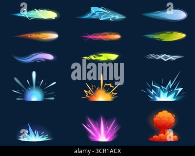 Blaster shoot effect. Game laser or plasma shooting effects for futuristic guns. Energy or power flame and explosions, vibrant sapid vector elements o Stock Vector