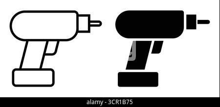 This image features a black and white illustration of an electric drill tool icon, showcasing both outline and filled styles suitable for various desi Stock Vector