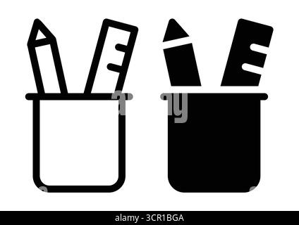 A minimalist black and white illustration depicting various stationery items in desk organizers. Ideal for office decor, educational resources, or cre Stock Vector