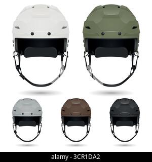 Vector 3d Realistic Hockey Helmet Set, Front View. White Khaki Gray Brown Black Colors. Protective Sport Equipment for Ice Hockey Game Training Stock Vector