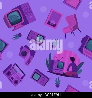 Lo fi pattern. seamless background with retro gadgets audio and video phones consoles and PC original artwork Stock Vector