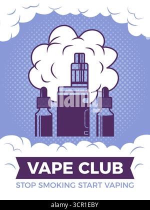 Vape club poster. Placard for smokers. vector stylized template with steam clouds original artwork Stock Vector