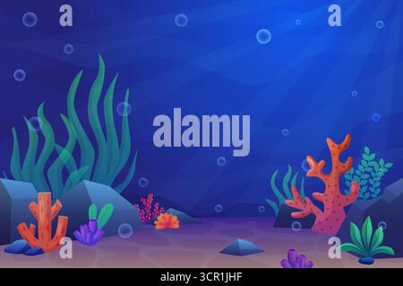 Underwater cartoon background. Sea or ocean with seaweeds, shells and stones, water bubbles. Nautical bright illustration with plants, sea bottom vect Stock Vector