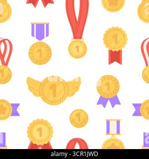 Gold medals seamless pattern. First place medal and victory order with ribbons. Winning print for fabric, web pages, competition, vector background or Stock Vector