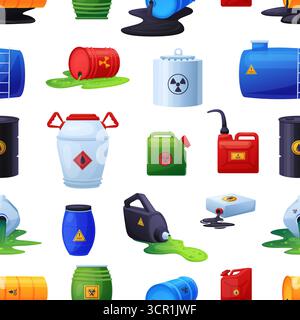 Radioactive liquids seamless pattern. Toxic substances in barrels, spill oil. Plastic and metal barrel for transportation. Industrial print vector tem Stock Vector