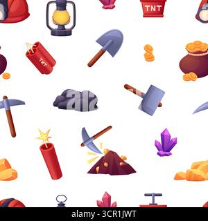 Mining tools seamless pattern. Shovel pick diamonds, dynamite, hammer and golden coins. Industrial elements print for web design, vector background or Stock Vector