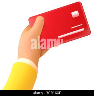 3d hand card. Arm hold credit or debit bank cards, pay goods in store contactless payment consumer using online shop buy business money cash id ticket Stock Vector