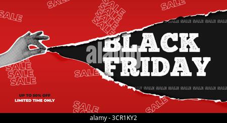 Black Friday banner. Halftone collage torn paper sale poster, woman hand ripped retro output page discount up to 50 off limited autumn offer promo bac Stock Vector